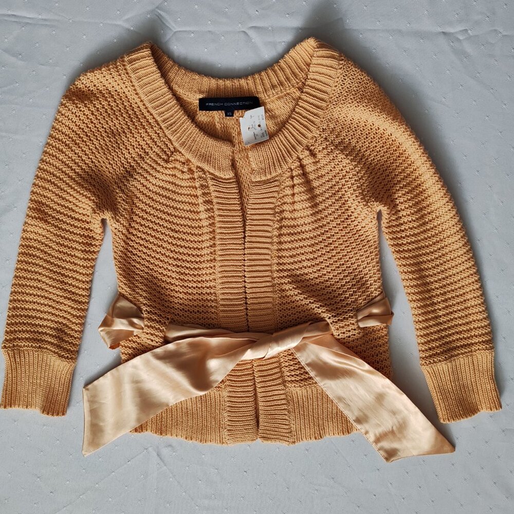 French Connection Rachel Zoe Cardigan Sweater XS Orange Cotton Wool Ribbon Tie